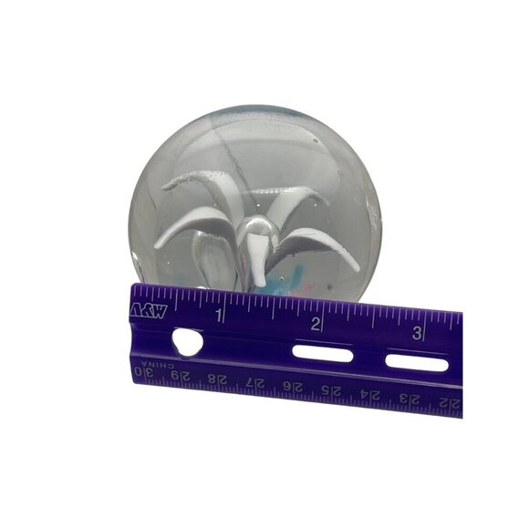 Hand-Blown Art Glass Paperweight With White Lily Flower & Colorful Base - Picture 3 of 8